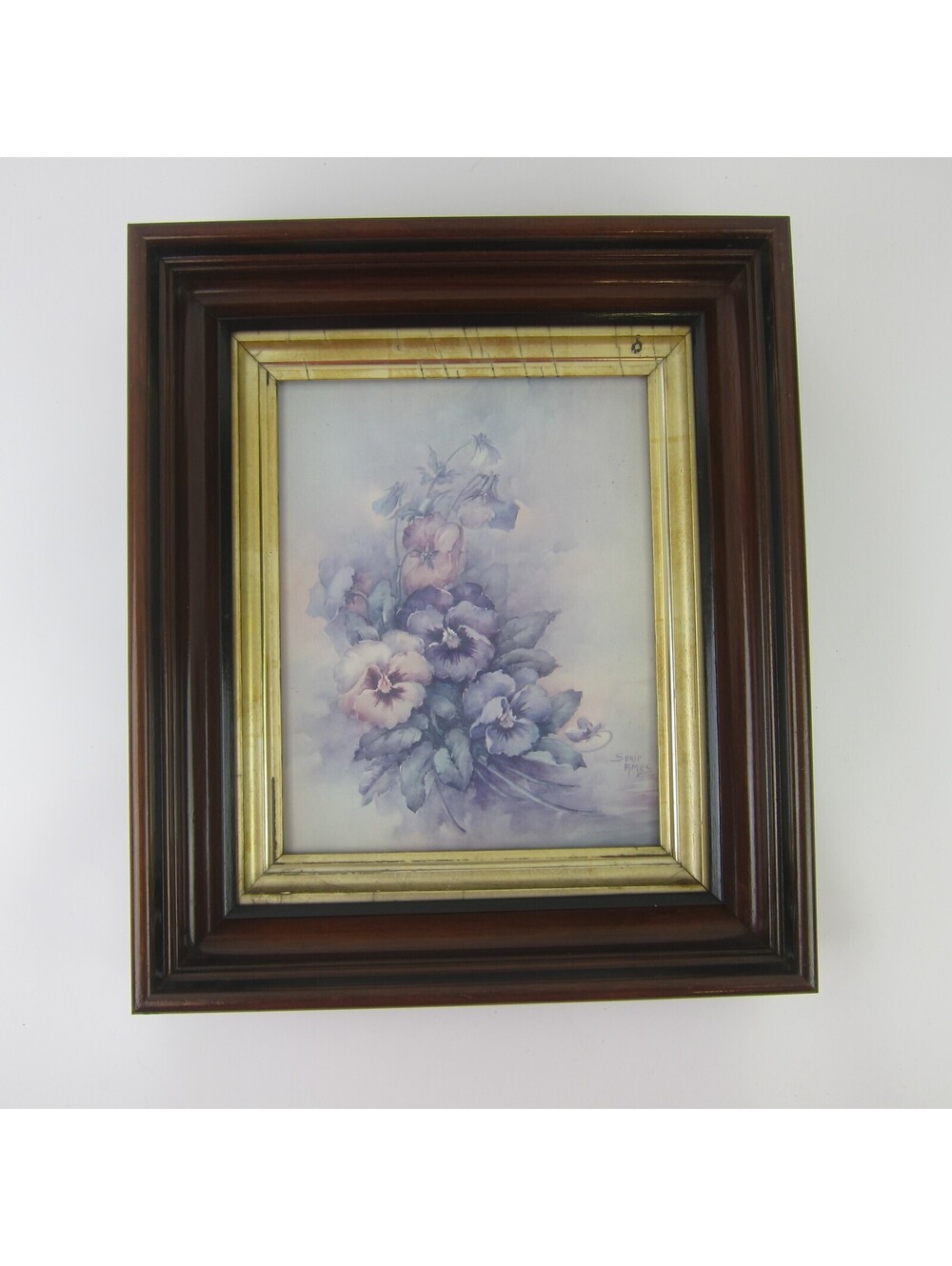 Antique Victorian Deep Picture Frame Wood Gold Gilt Sonie Ames Flower Print
